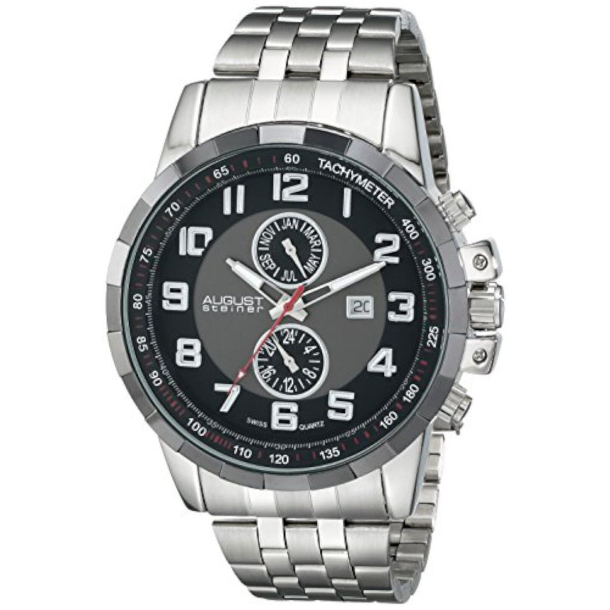 August Steiner AS8153SSB Men`s Swiss Month Date Gmt Black Dial Silver Watch