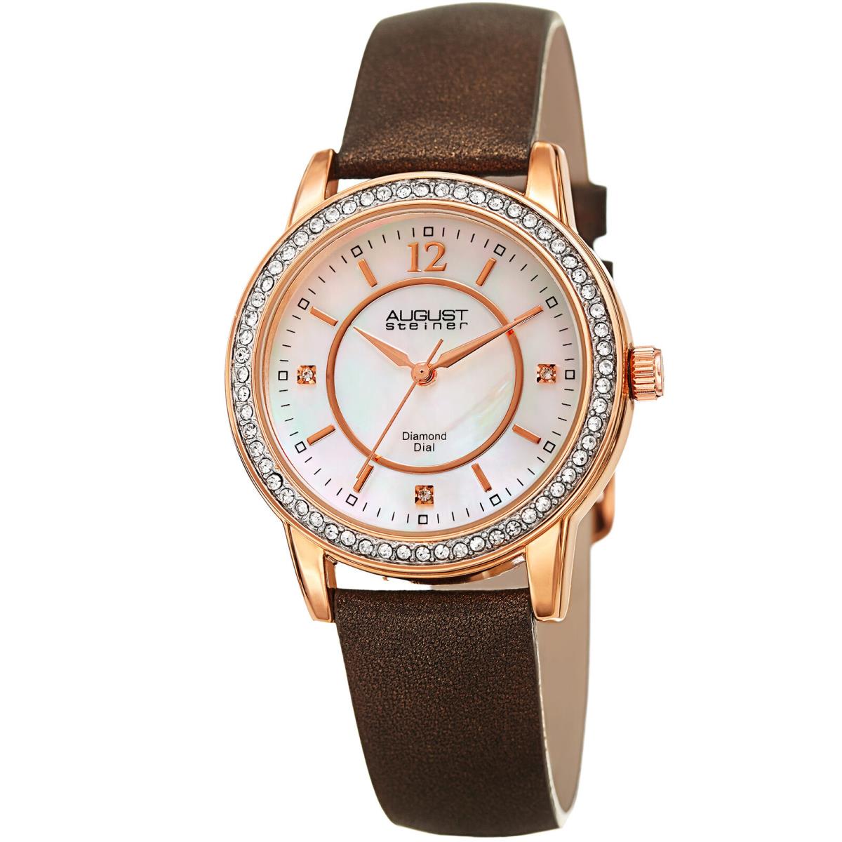 Women`s August Steiner AS8227BR Diamond Dial Crystal Bezel Leather Strap Watch