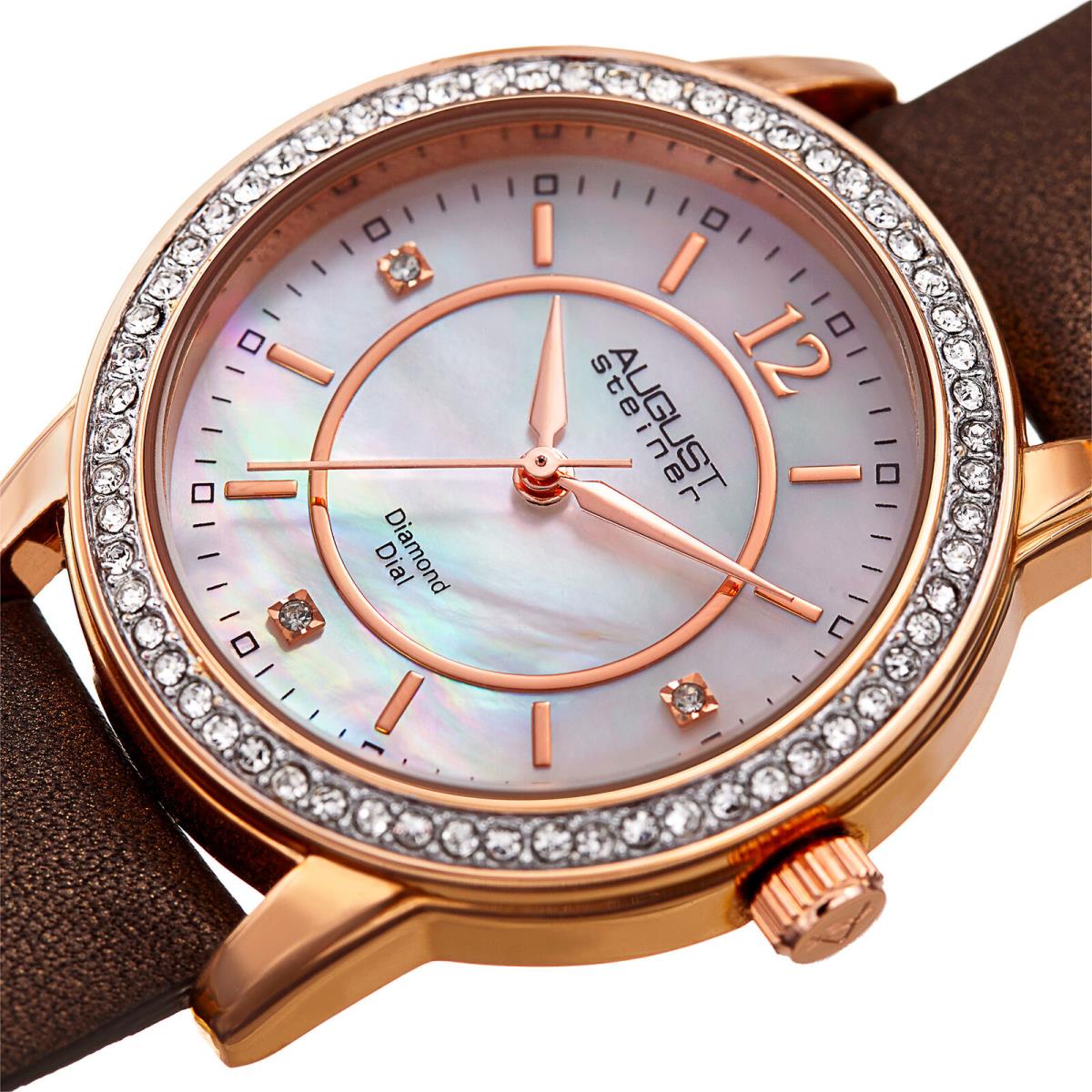 Women`s August Steiner AS8227BR Diamond Dial Crystal Bezel Leather Strap Watch