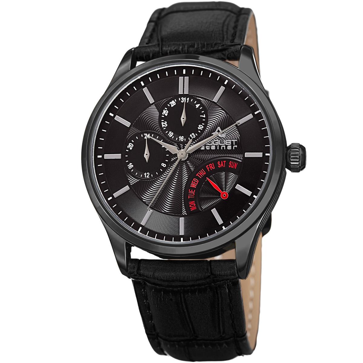 Men`s August Steiner AS8209BK Dual Time Date Retrograde Day Leather Strap Watch