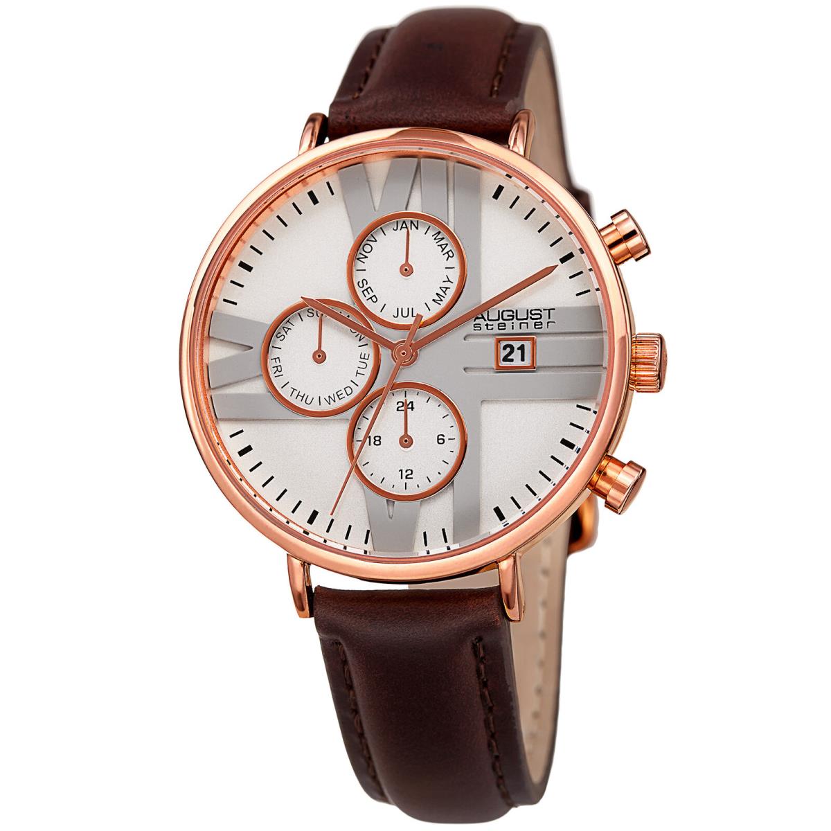 Women`s August Steiner AS8220BRRG Two Time Zone Date Leather Strap Watch