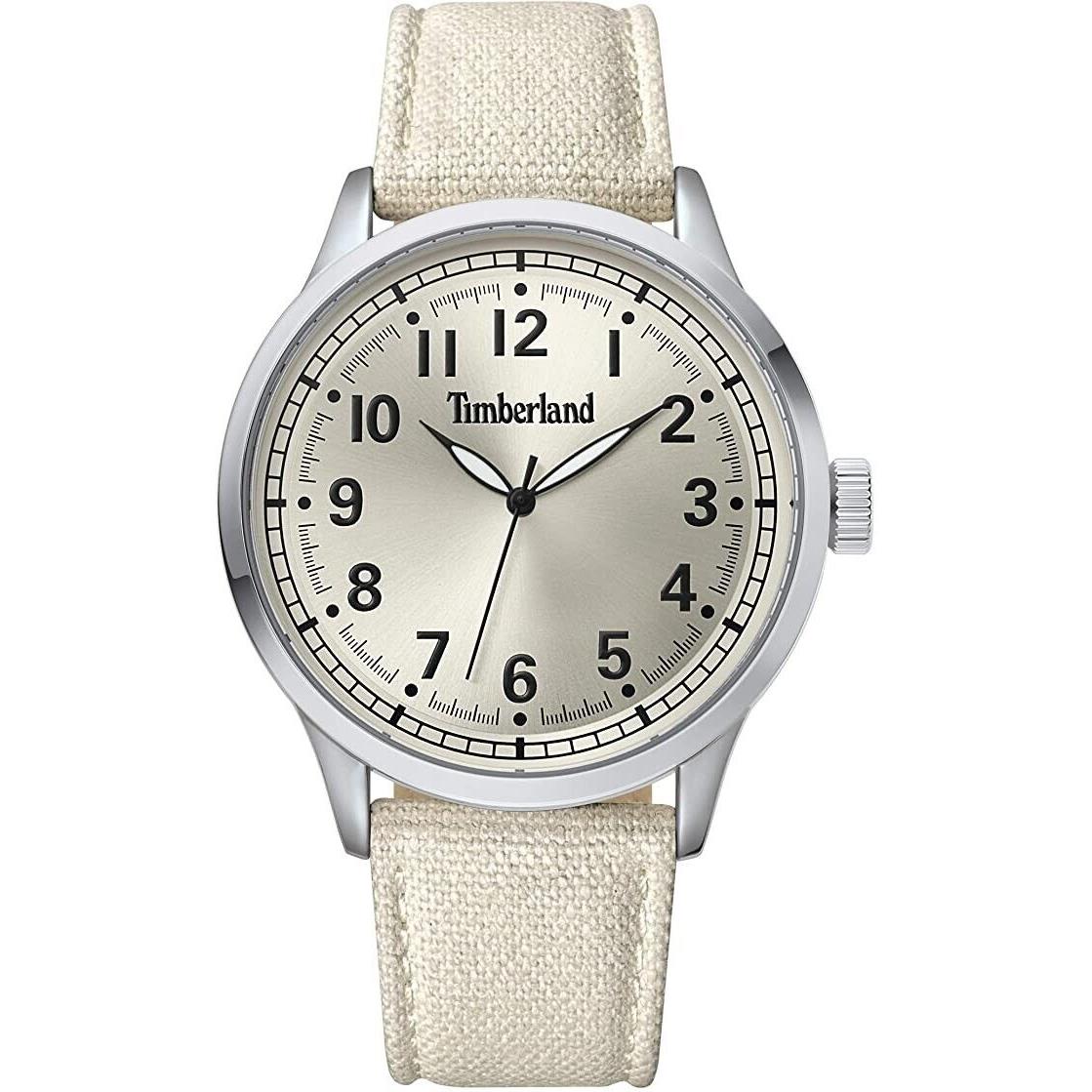 Timberland Steel 45mm Men`s Watch White Leather and Canvas Strap TBL15907JYS07