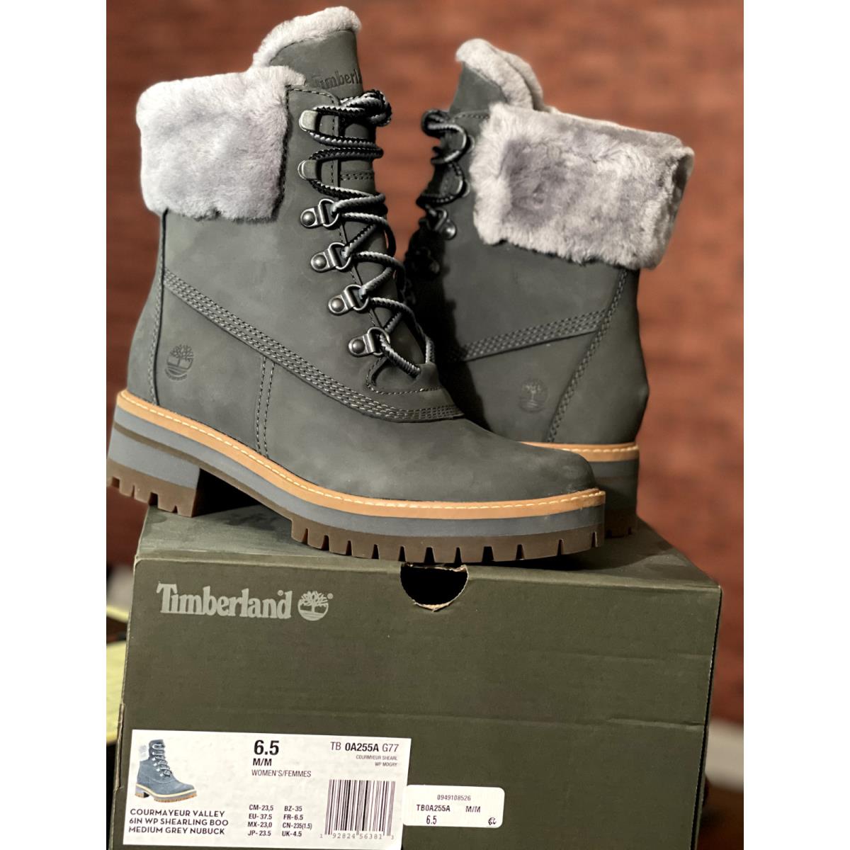 Women`s Timberland Courmayeur Valley Shearling Boots Medium Grey Nubuck 6.5