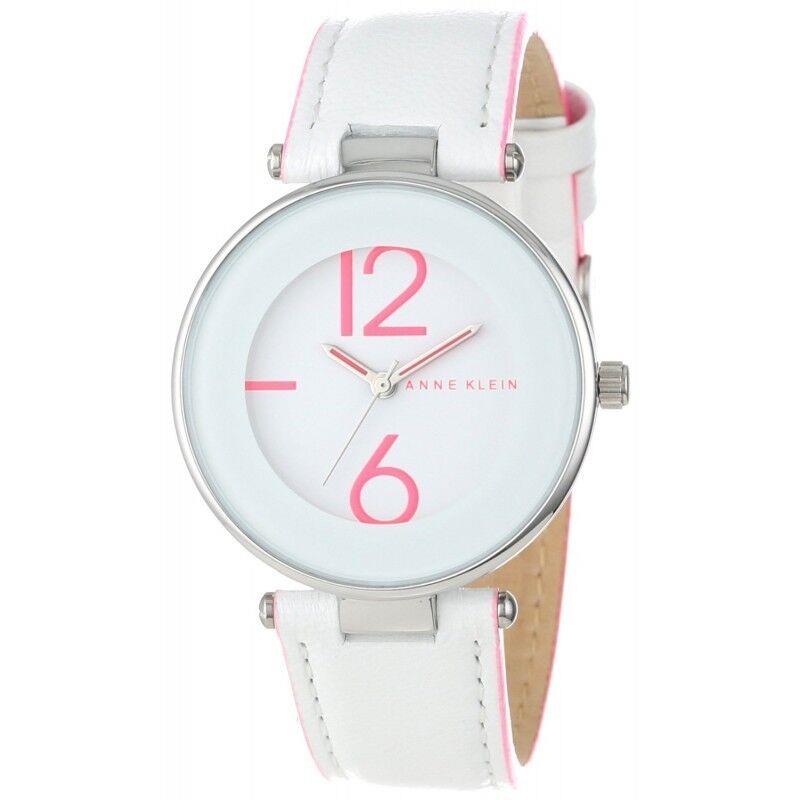 Anne Klein White Pink Leather Band+silver Tone Dial Watch+box