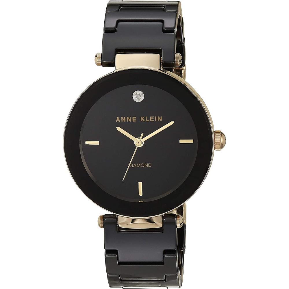 Anne Klein Women`s Diamond Dial Ceramic Bracelet Watch Black/gold