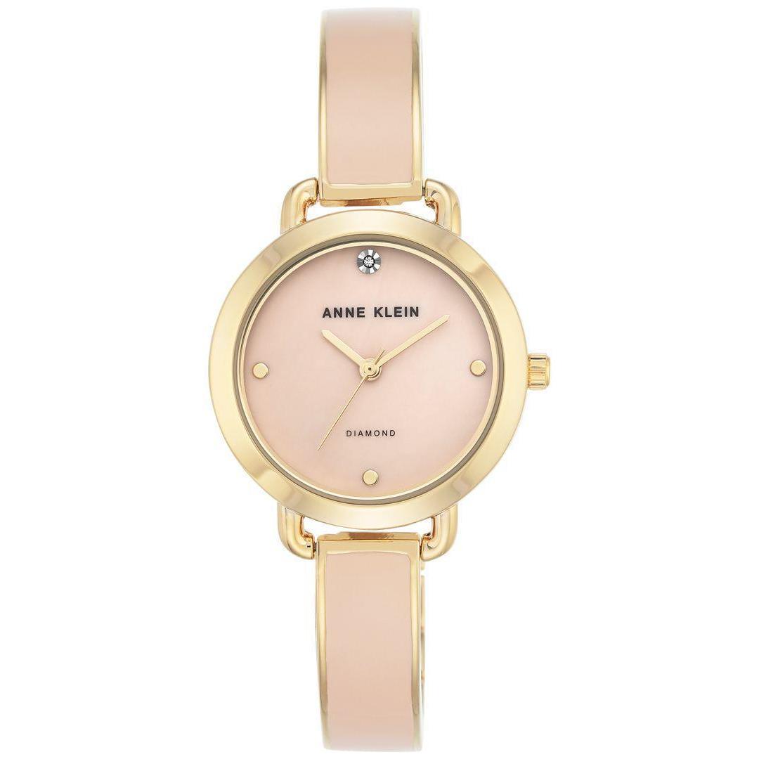 Anne Klein Gold Tone Diamond Accent Mop Blush Enamel Bangle Watch AK/2438LPGB