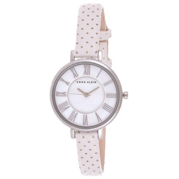 Anne Klein Silver Tone White Perforated Leather Backing Band Mop Watch AK/1545