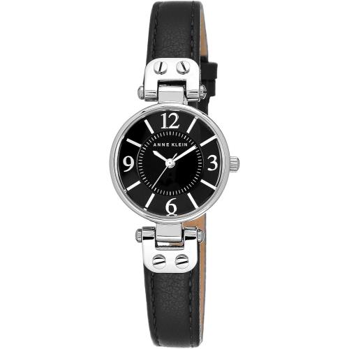 Anne Klein Women`s 109443BKBK Silver-tone Black Dial and Black Leather Strap