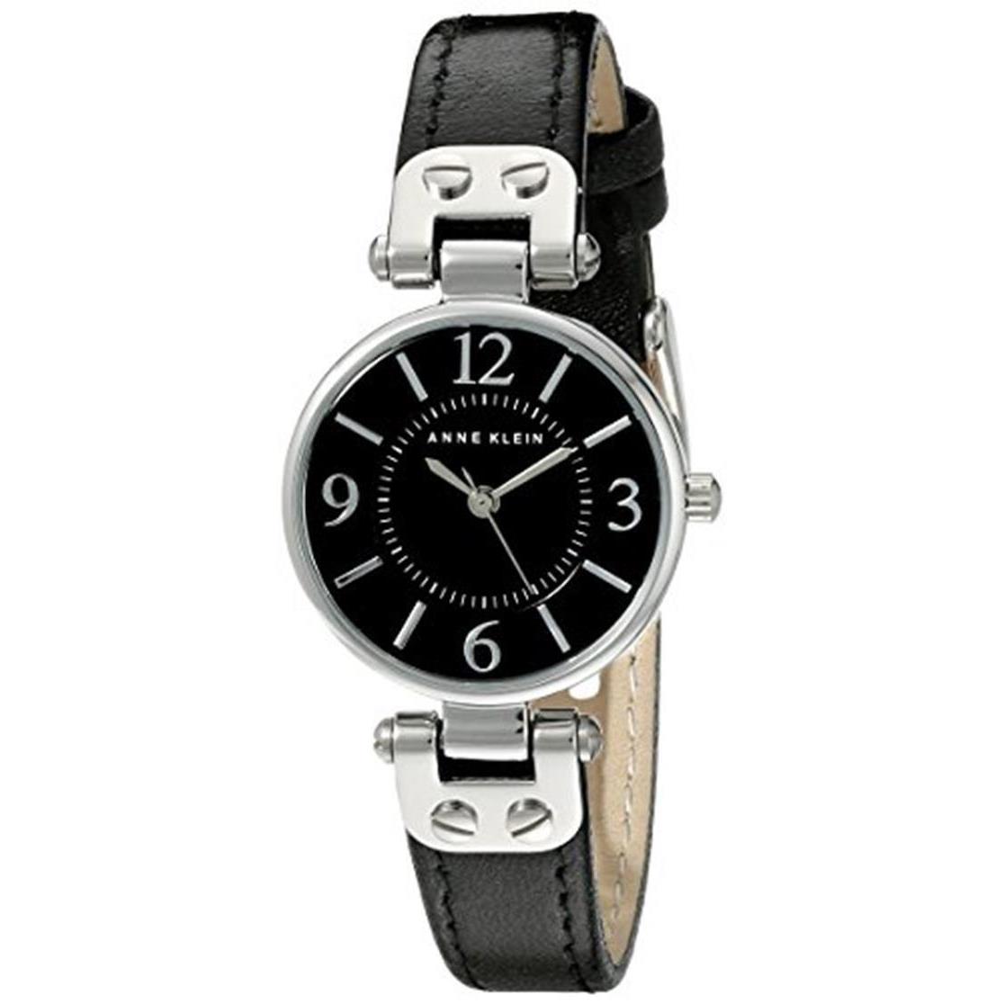 Anne Klein Women`s 109443BKBK Silver-tone Black Dial and Black Leather Strap