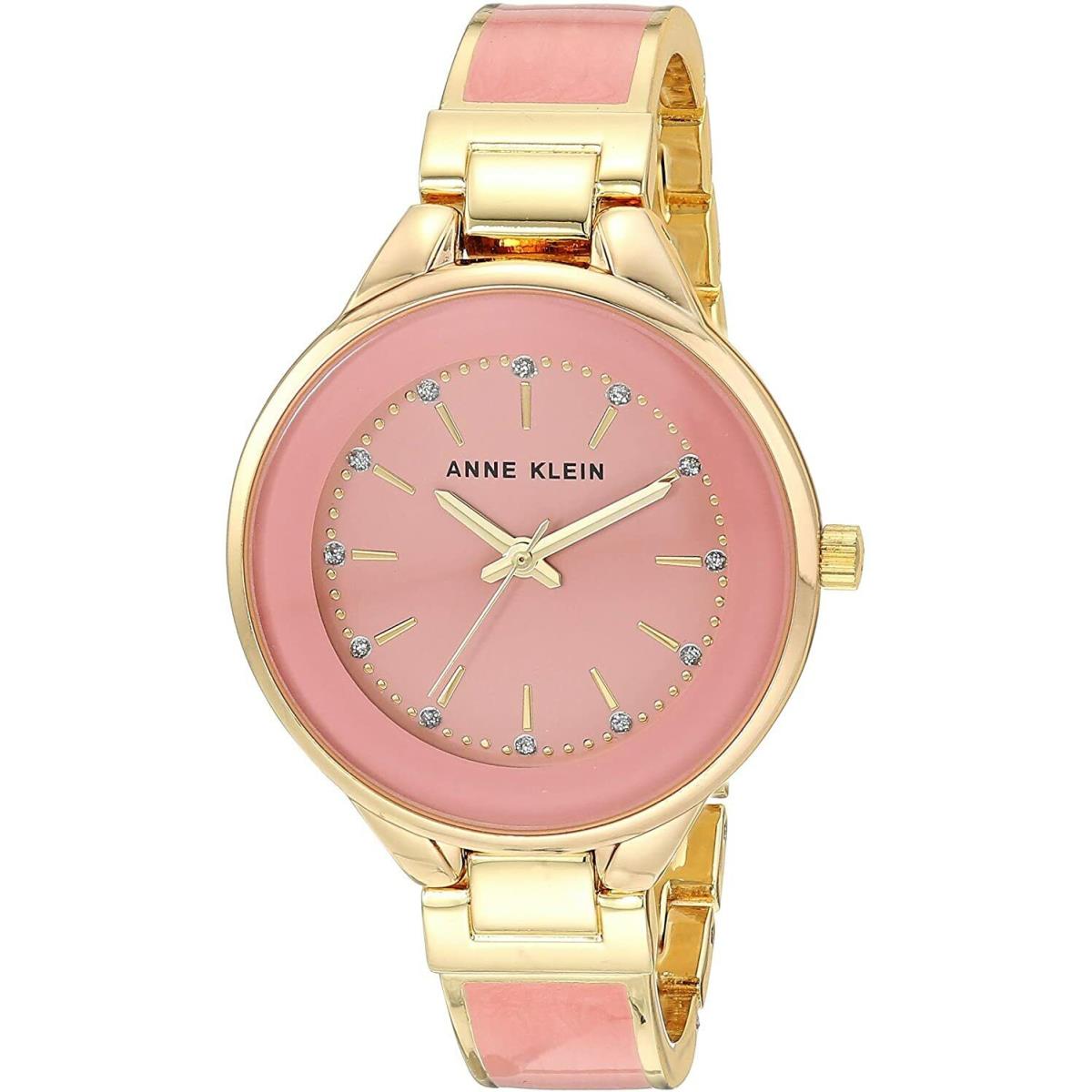 Anne Klein Pink Enamel Gold Tone Band Crystals Bangle Watch AK/3318PKGB