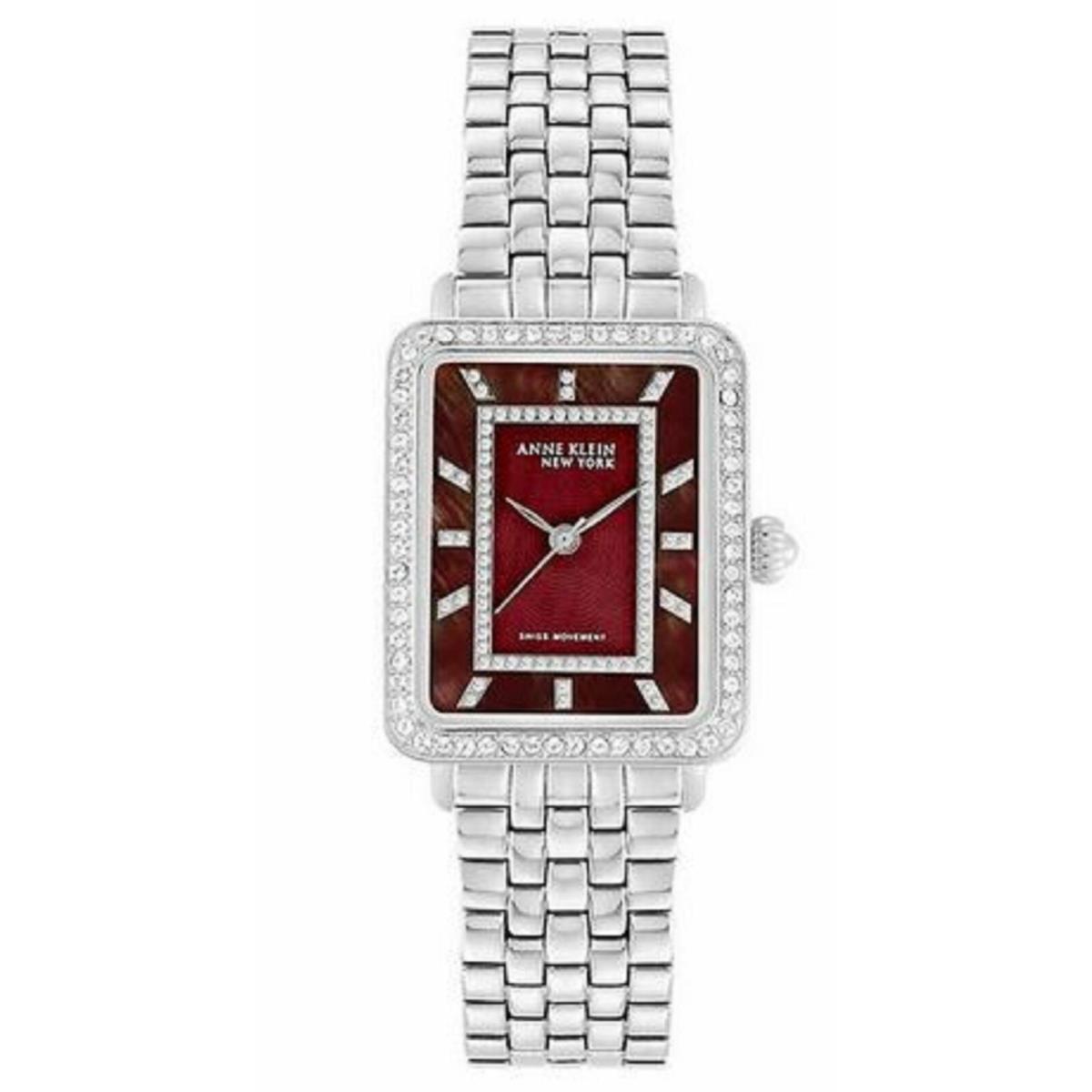 Anne Klein York 12/2333BMSV Tank Silver-tone Burgundy Dial Women`s Watch