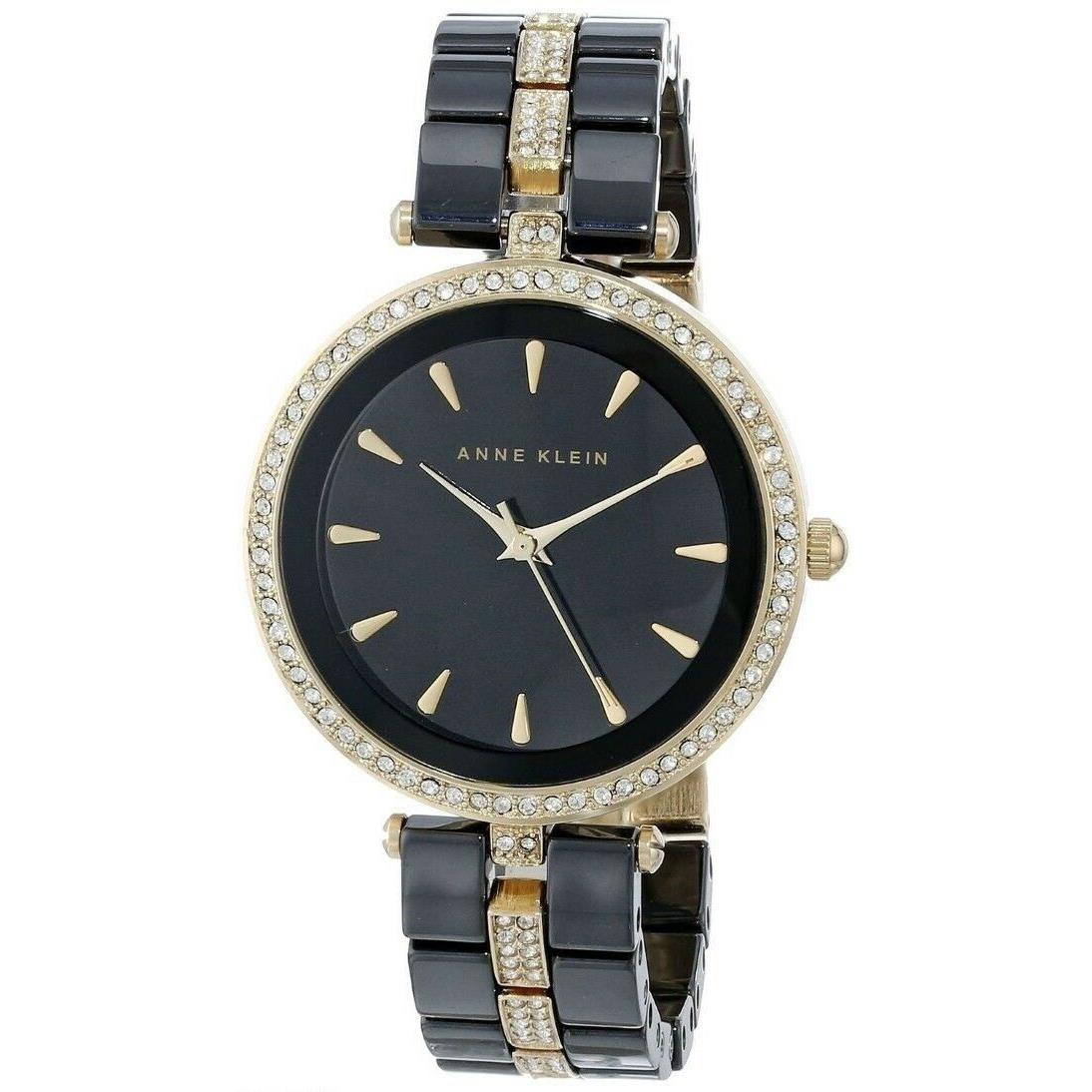 Anne Klein AK/1444BKGB Crystals Gold-tone Black Ceramic Band Womens Watch