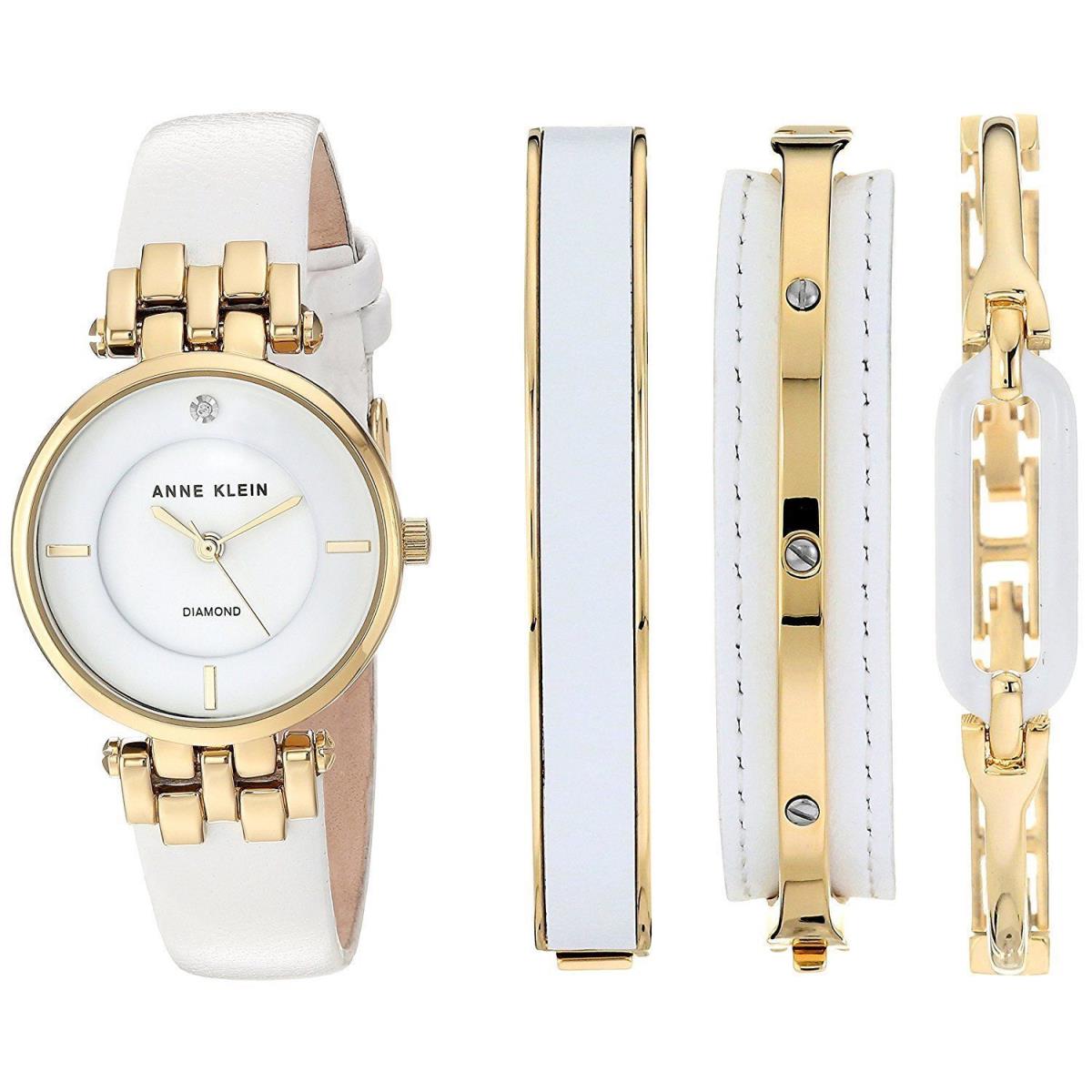 Anne Klein Womens AK/2684WTST Diamond-accented Gold-tone and White Leather Strap