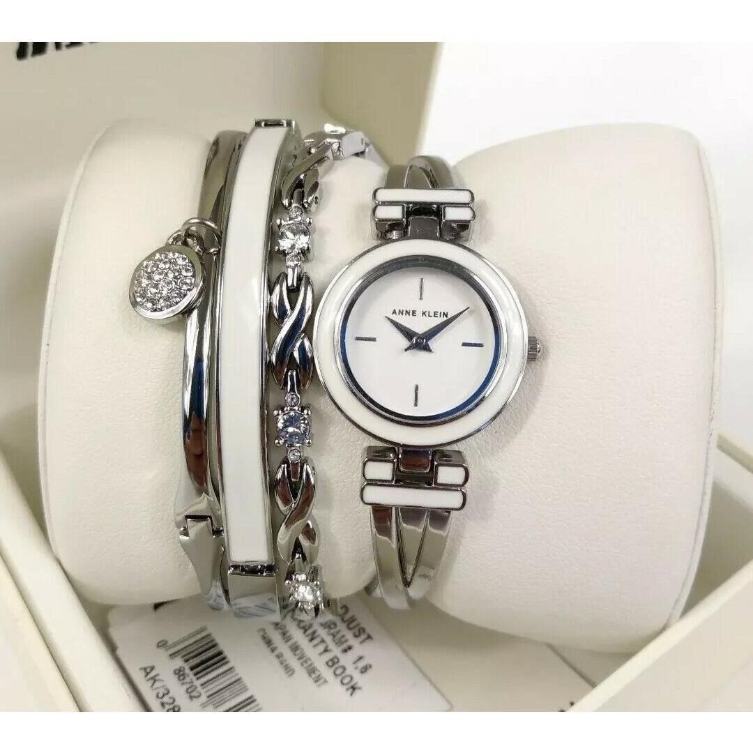 Anne Klein Bangle Watch Two Tone Silver White Crystal Bracelet Set AK/3285