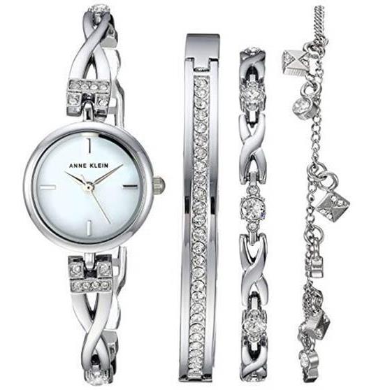 Anne Klein Women`s Premium Crystal Accented Silver-tone Watch and Bracelet Set