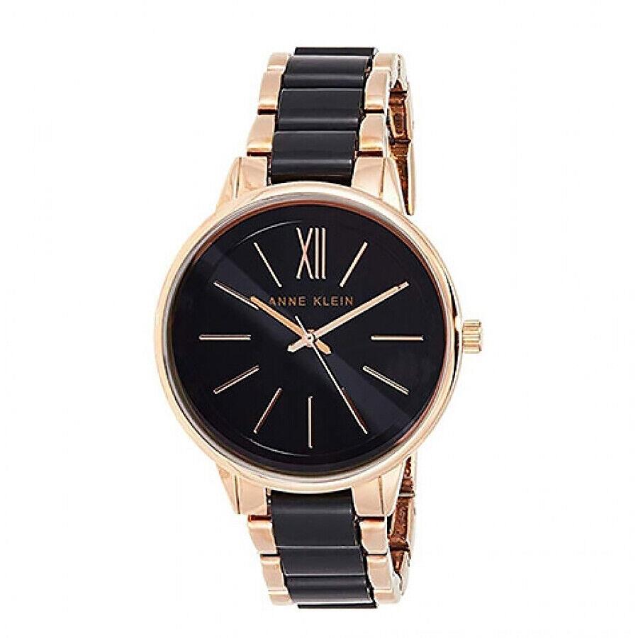 Anne Klein Women`s AK-1412BKRG Rose-gold Resin Japanese Quartz Fashion Watch - Dial: Black, Band: Black