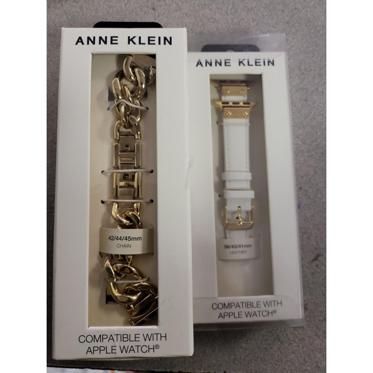 2 Pcs Anne Klein Gold Steel Chain White Leather Band Compatible w/ Apple Watch