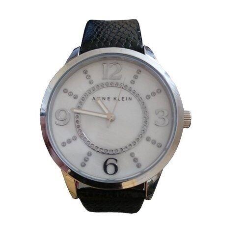 Anne Klein Silver Tone Black Leather Backing Band White Mop Watch AK/1767MPBK