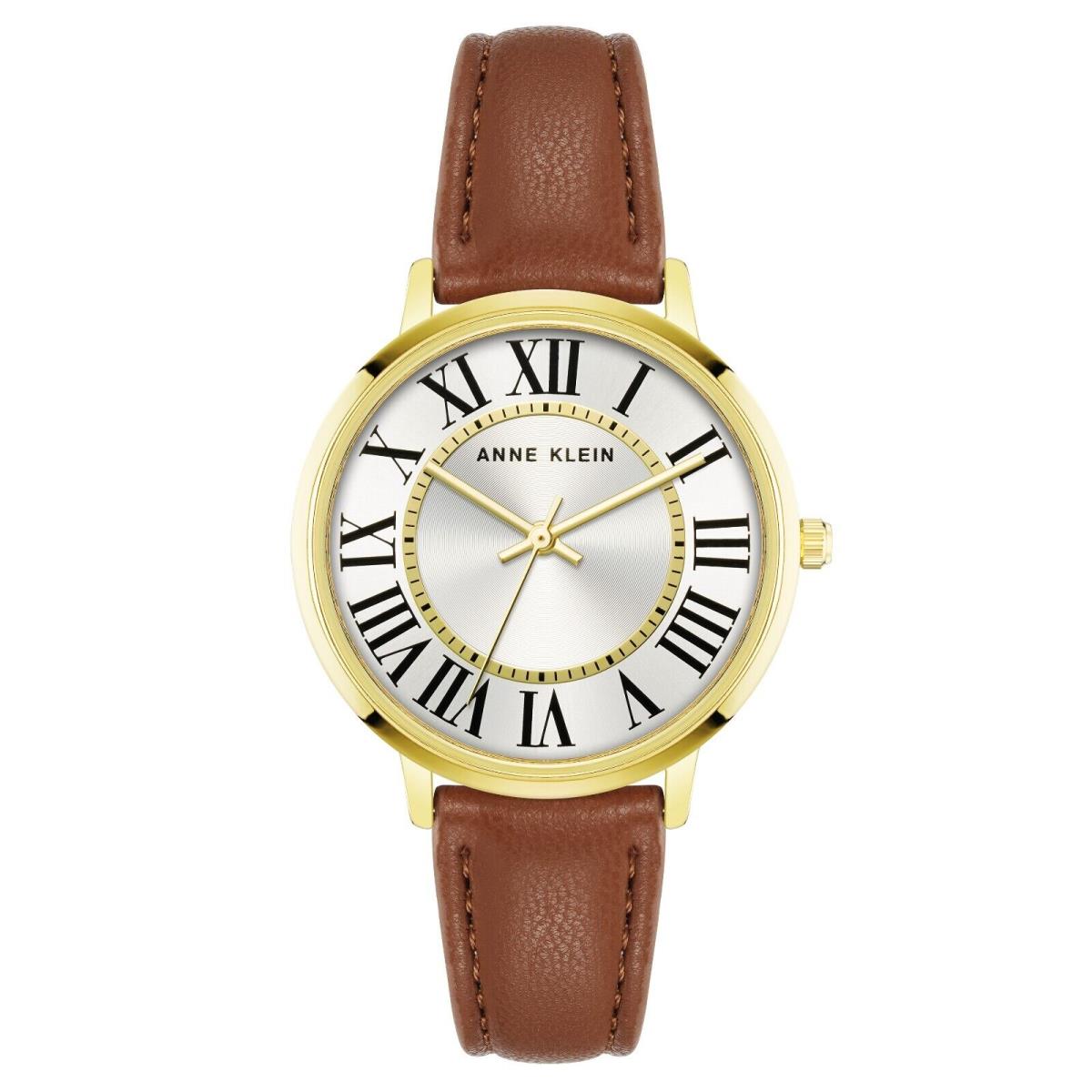 Anne Klein Silver Tone Dial Brown Leather Strap Women`s Watch AK/3960-GPHY