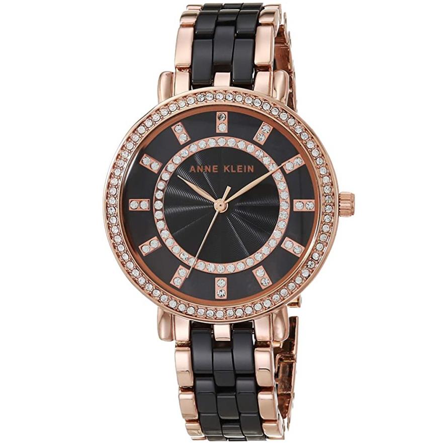 Anne Klein Ladies Black Rose Gold Diamond Crystal Ceramic Bracelet Chain Watch