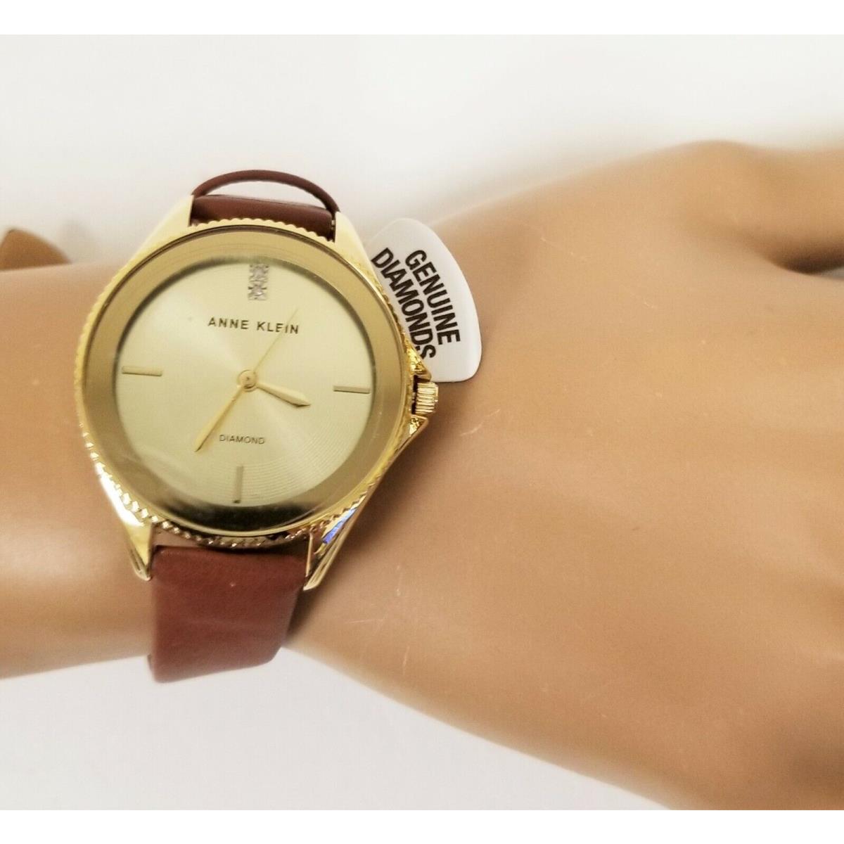 Anne Klein Gold Tone Brown Leather Backing Band Diamond Watch AK/2808