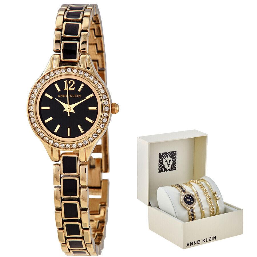 Anne Klein Gold Tone Band Analog Black Dial AK/3396BKST Women`s Watch Set