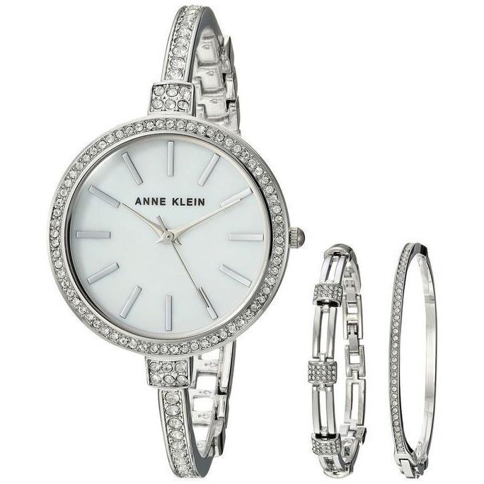 Anne Klein 3 PC Set Silver WATCH+2 Bangles Swarovski Crystals AK/2847SVST - Dial: White MOTHER OF PEARL, Band: Silver