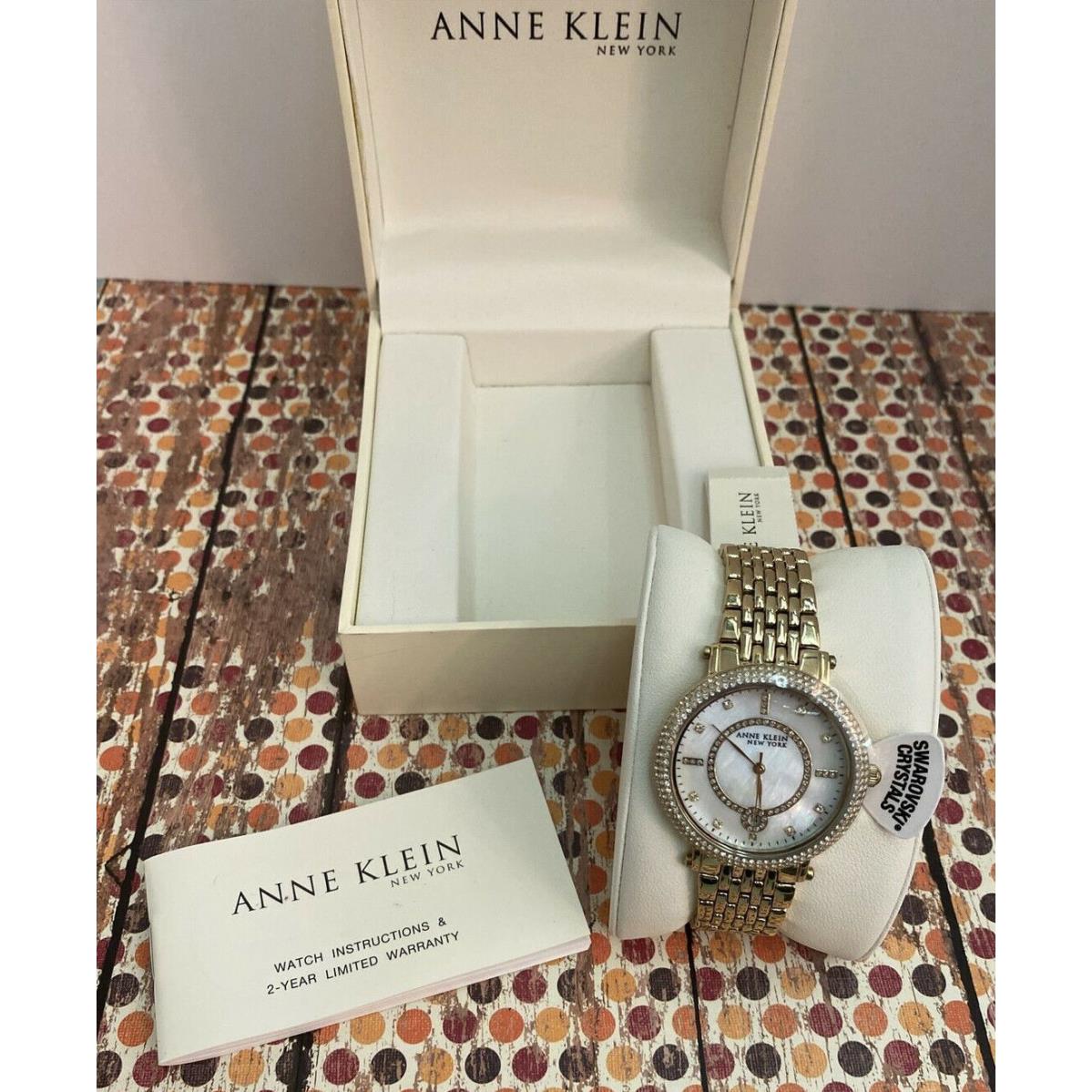 Anne Klein NY Women`s Mother of Pearl Swarovski Crystals Gold Tone Watch Ladie`s