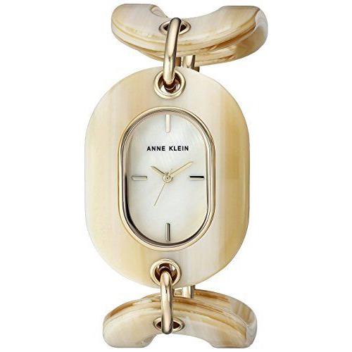 Anne Klein Gold Tone Beige Horn Resin Link Bracelet Mop Watch AK/2674HNGB