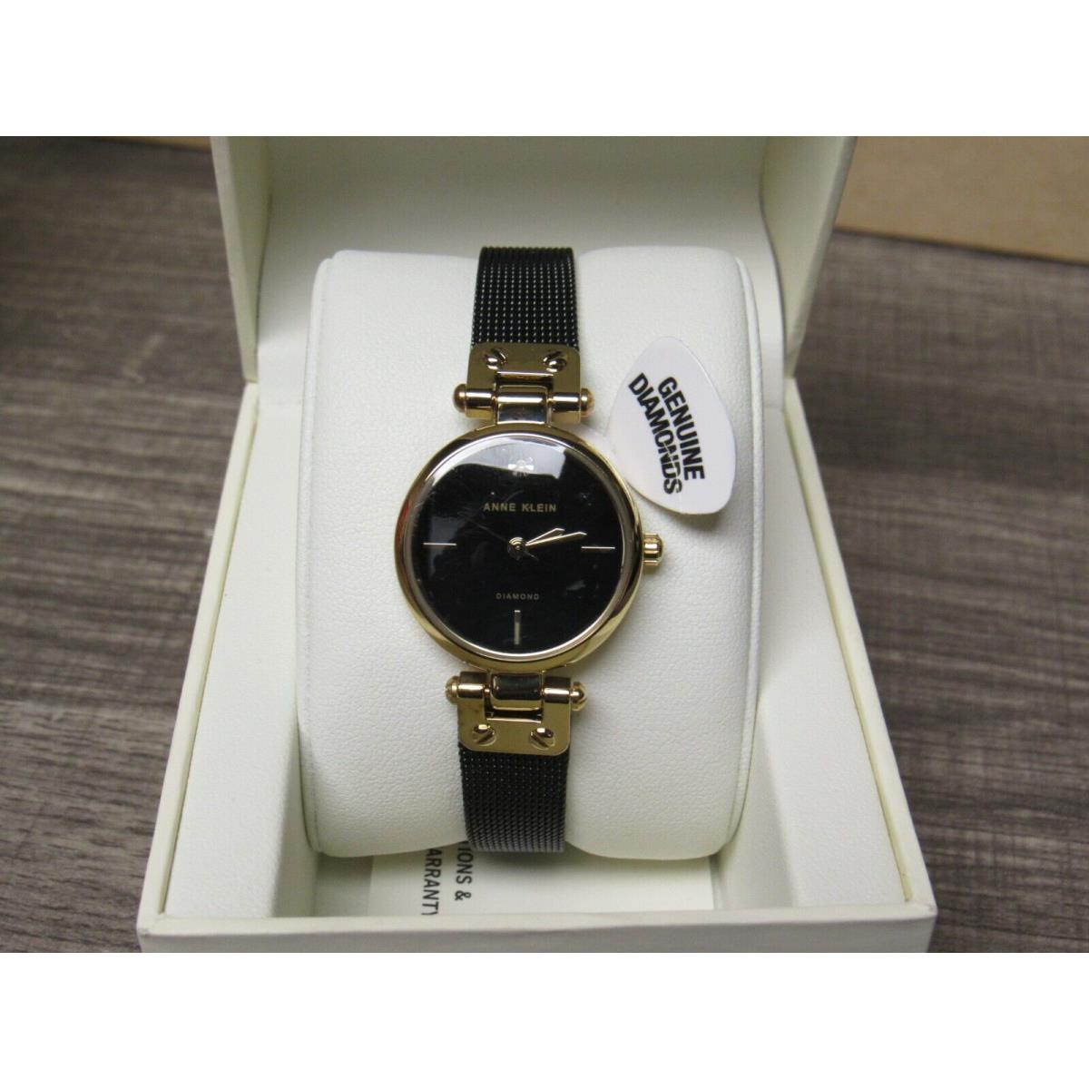 Anne Klein Women`s Diamond Dial Gold-tone and Black Mesh Bracelet Watch