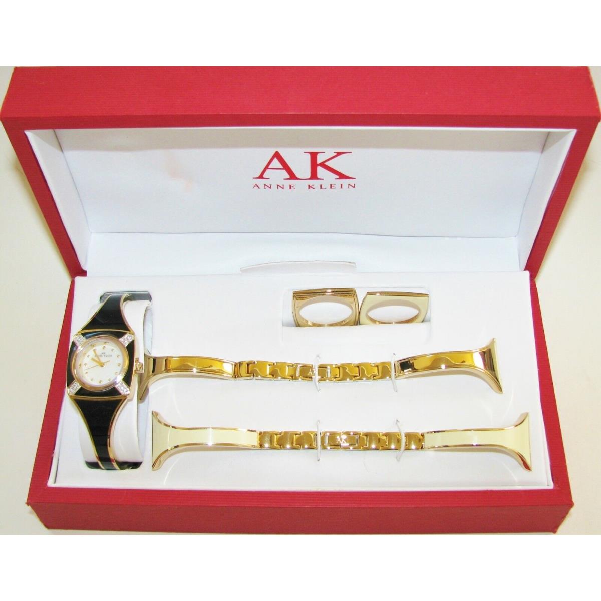 Anne Klein 3 PC Black Gold White Interchangeable Set+mop Crystal Watch 10/7716