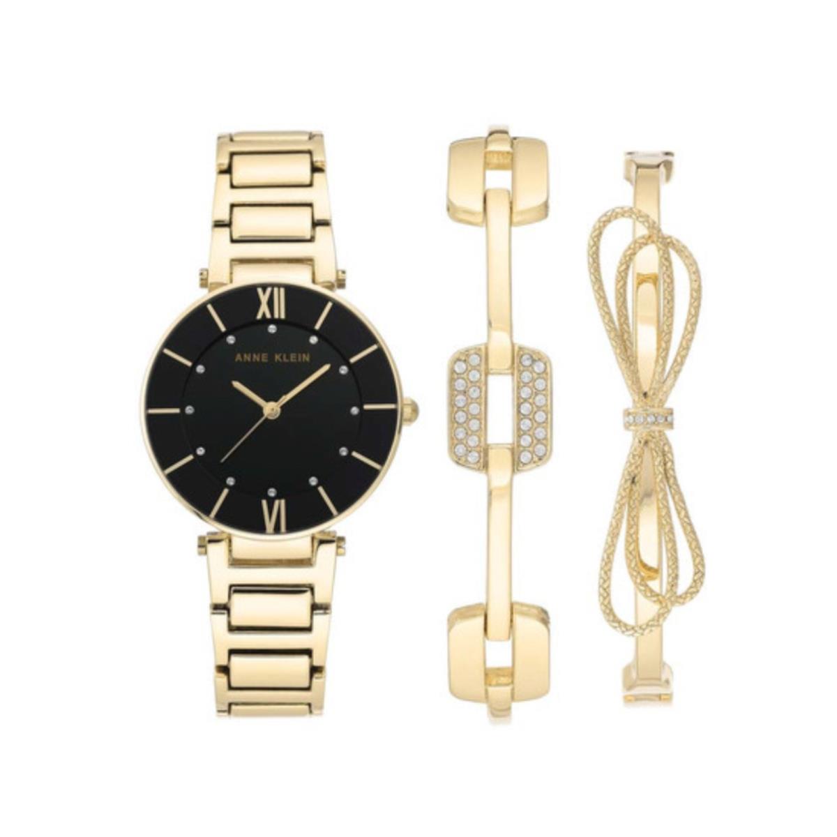 Anne Klein 3-PC Box Set Black Dial Gold Watch and 2 Bracelets Swarovski Crystals