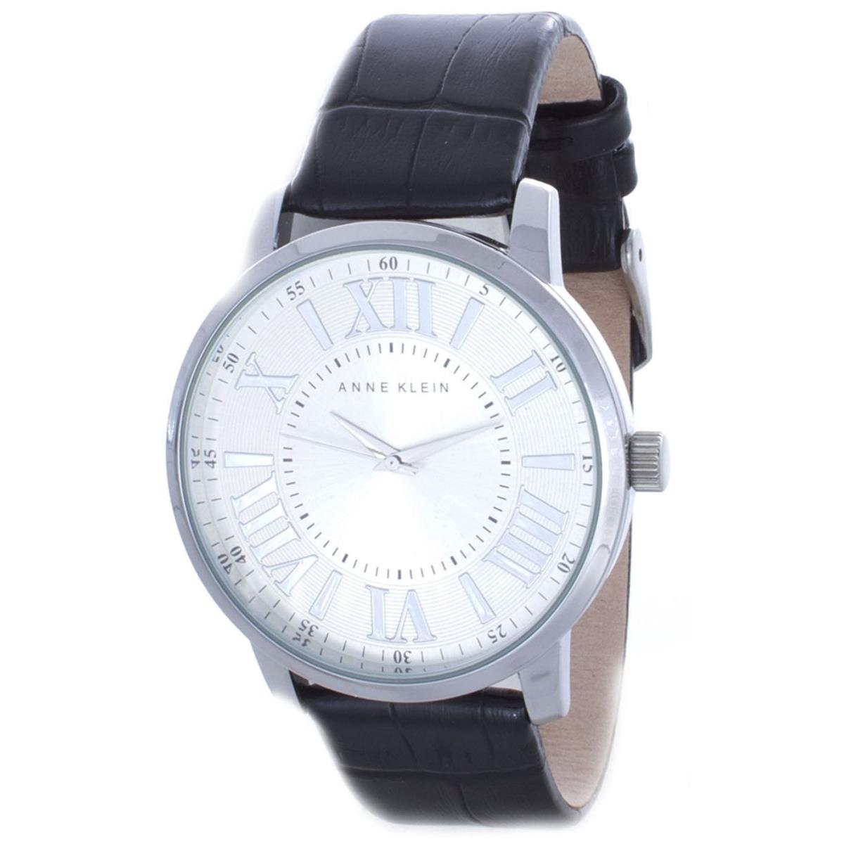 Anne Klein AK/1559SVBK Silver Dial Black Leather Strap Women`s Watch