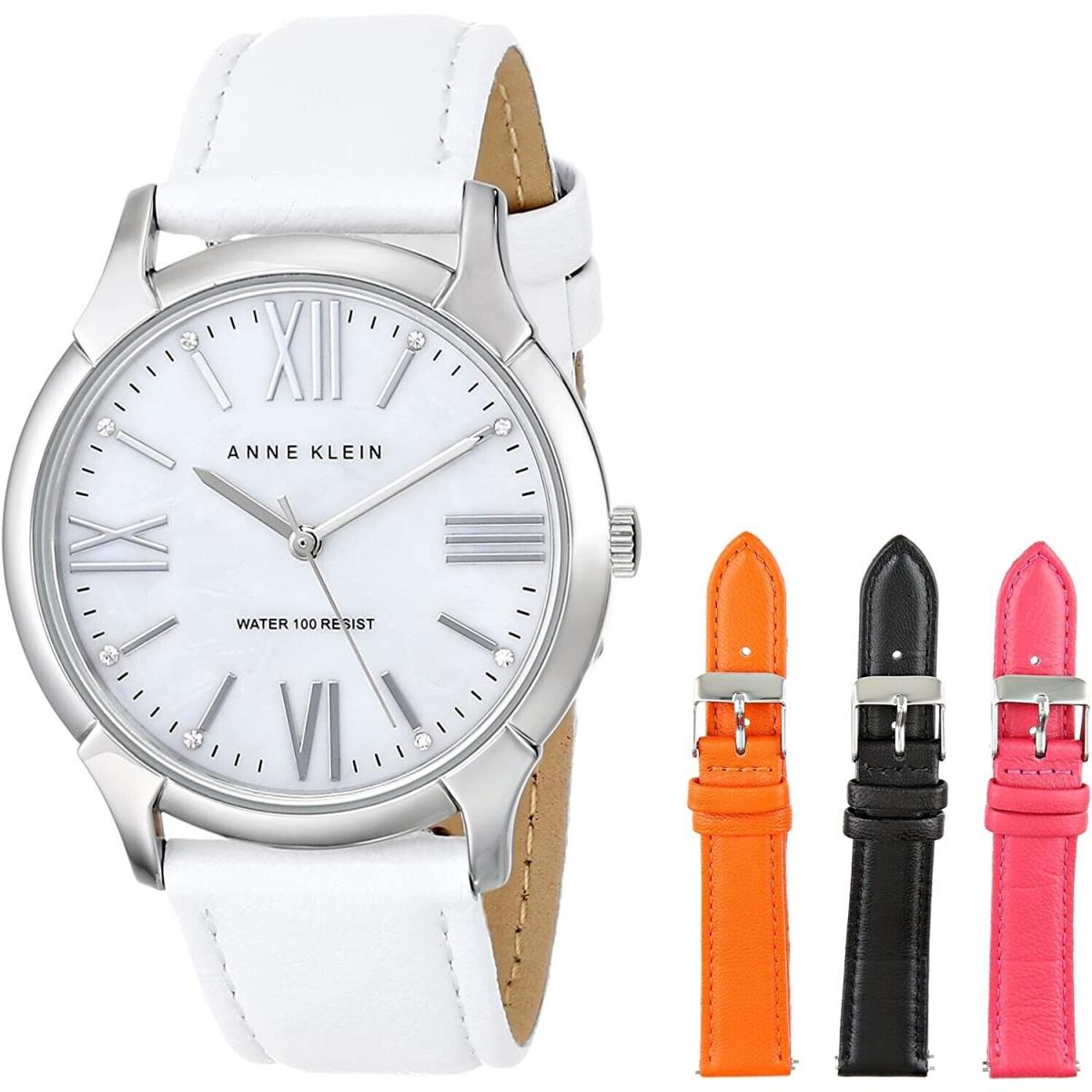 Anne Klein Women`s AK/1165INST DA Silver-tone White Watch Leather Strap Set Rare