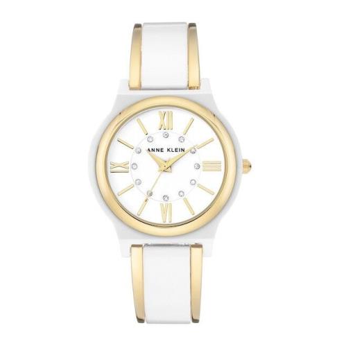 Anne Klein Gold+white Resin 2 Tone Bangle Crystals Bracelet Watch AK/2678WTGB