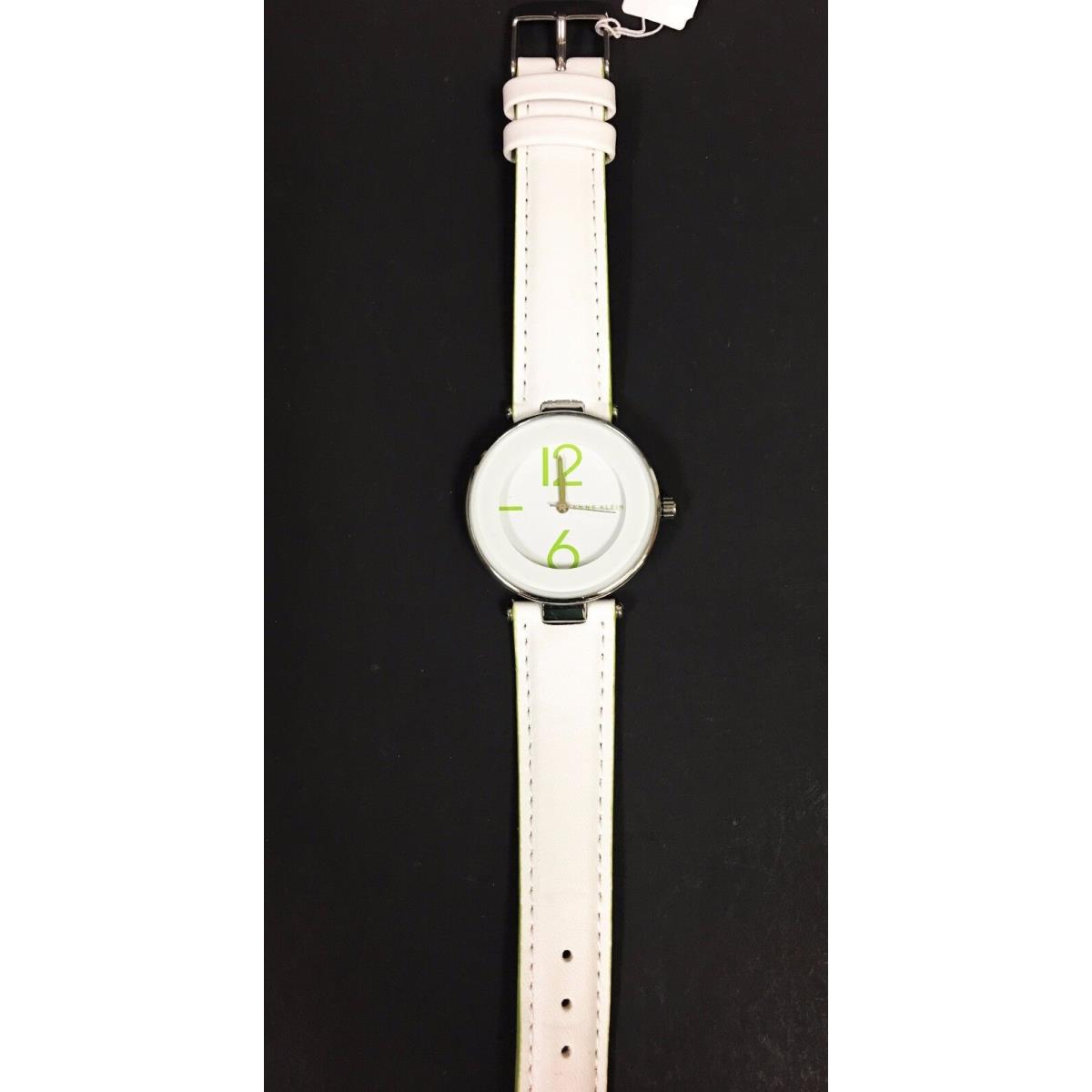 Anne Klein Silver Tone White Mirror Green Leather Backing Band Watch AK/1523