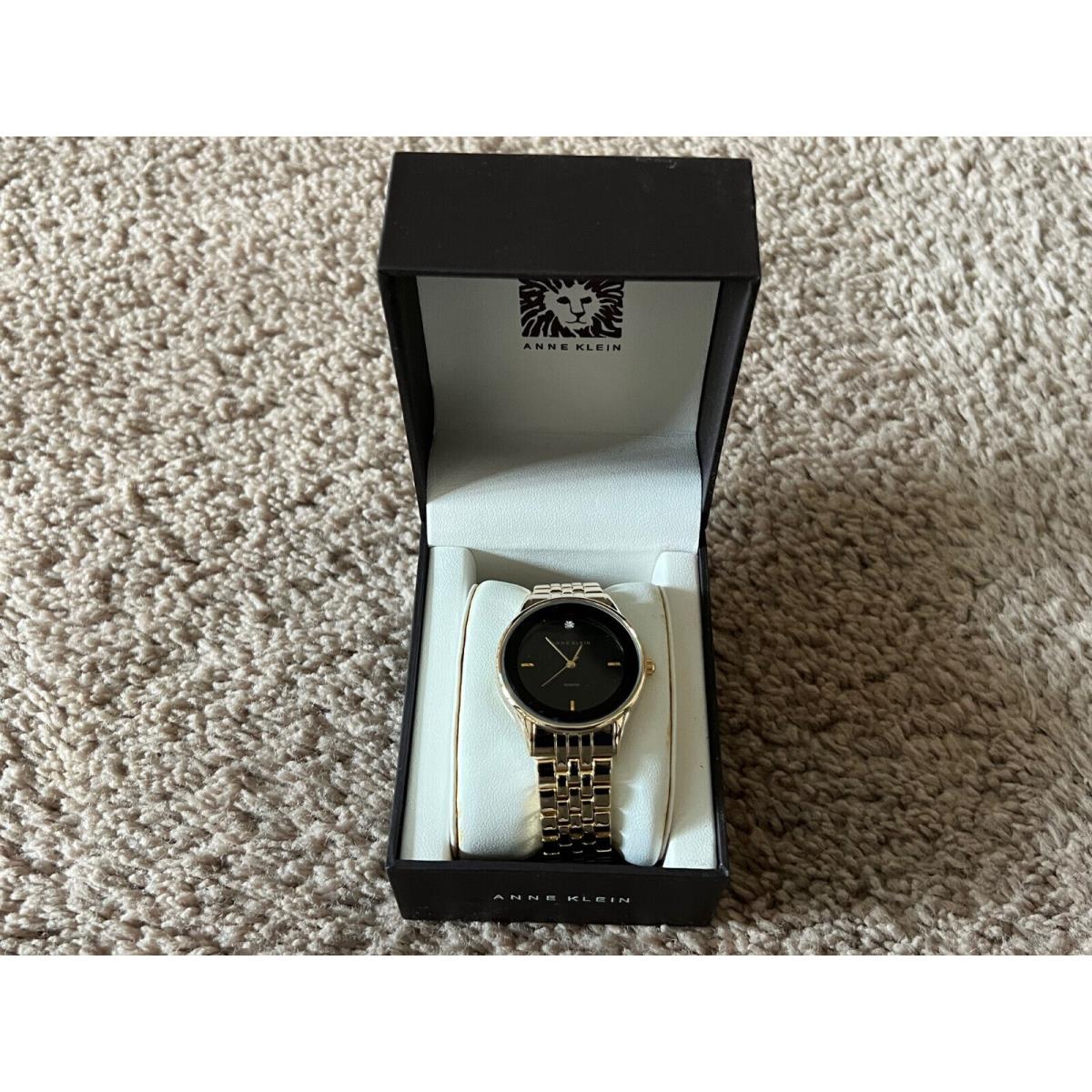 Anne Klein AK/1732Y121E Gold Tone Black Dial Diamond Bracelet Watch 34mm