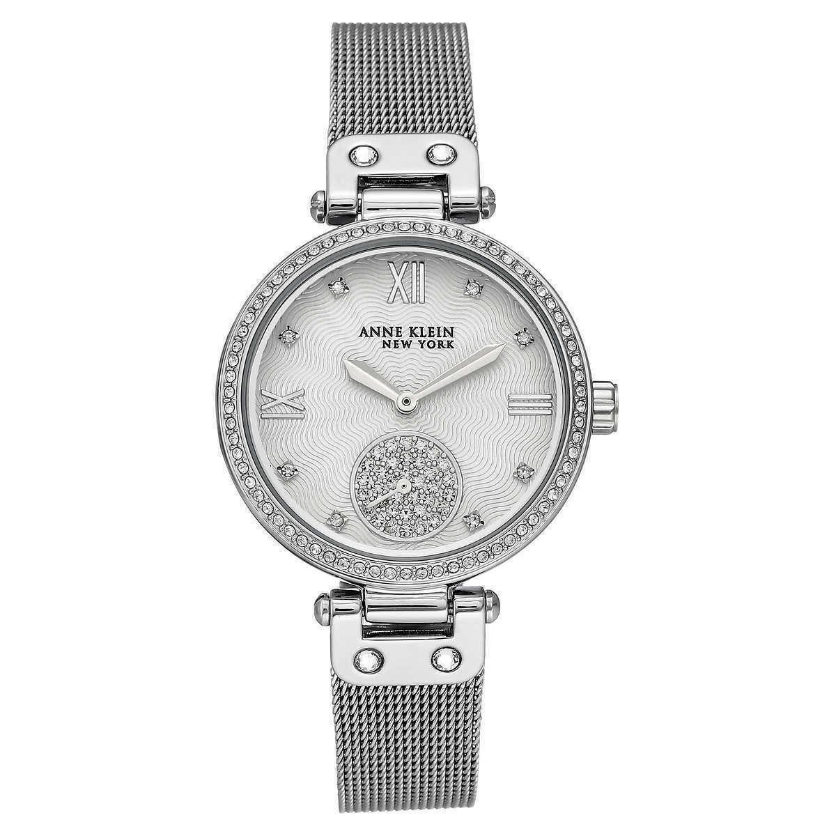 Anne Klein York 12/2309SVSV Swarovski Crystal Silver Tone Mesh Band Watch