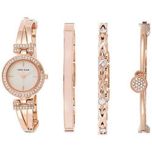 Anne Klein Women`s Crystal Accented Rose Gold-tone Bangle Watch and Bracelet Set