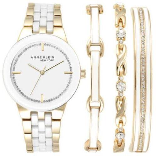 Anne Klein York 12/2242GBST White Ceramic Swarovski Watch Bracelet