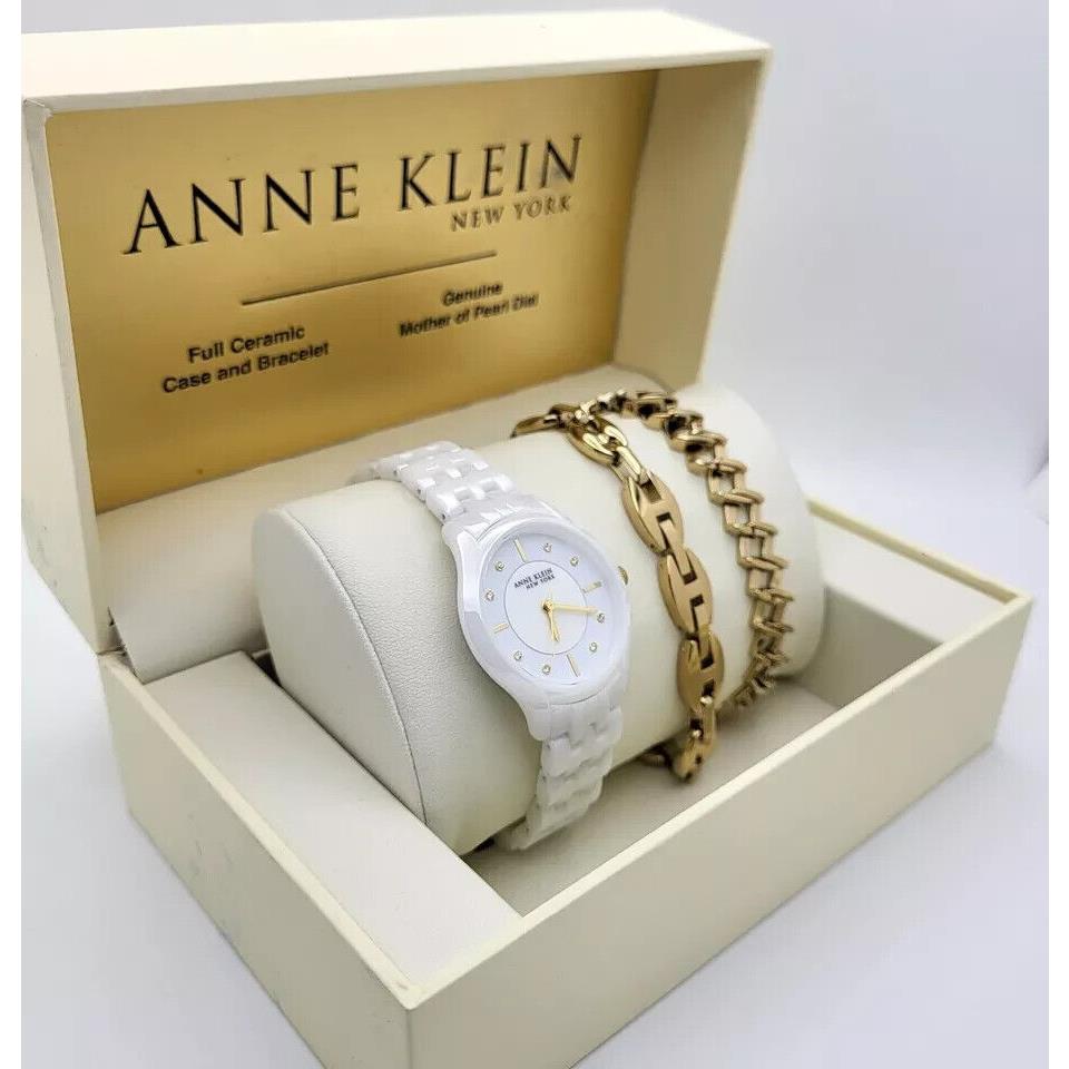 Womens Anne Klein Mother of Pearl Ceramic Quartz Watch Bracelet Set W14