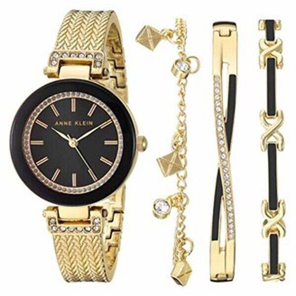 Anne Klein Women`s Gold Swarovski Crystal Watch and Bracelet Set AK/3394BKST