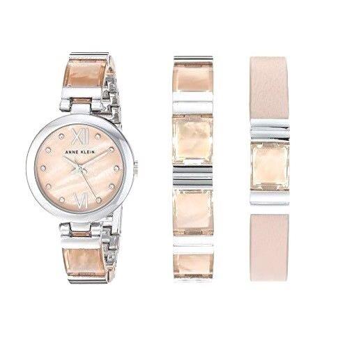 Anne Klein 3 PC Set Silver Tone WATCH+2 Bracelets Pink Leather AK/2749LPST