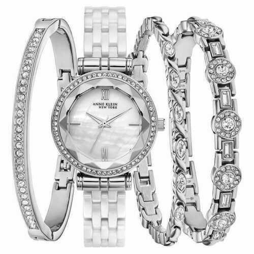 Anne Klein 12/2317WTST Stainless Silver Crystals Ceramic Women Watch Set