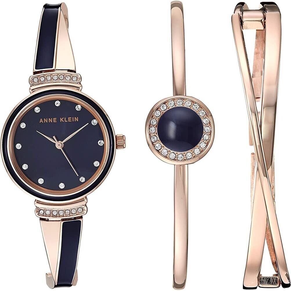 Anne Klein Women`s Premium Crystal Accented Watch and Bangle Set AK/3292-NVST