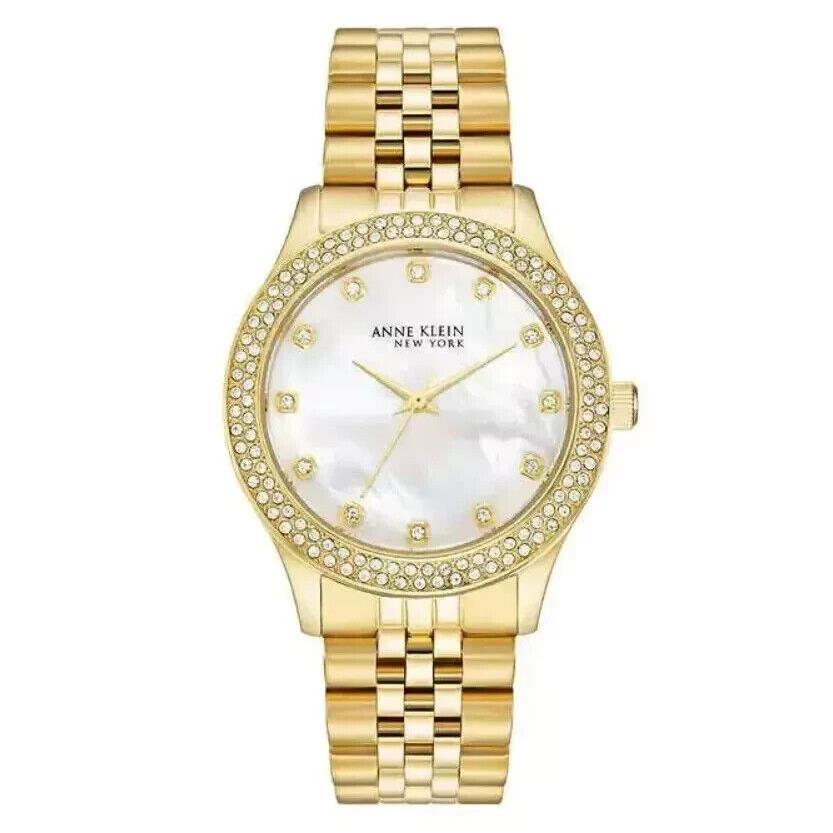 Womens Anne Klein Mother of Pearl Crystal Gold 36mm Quartz Watch W15