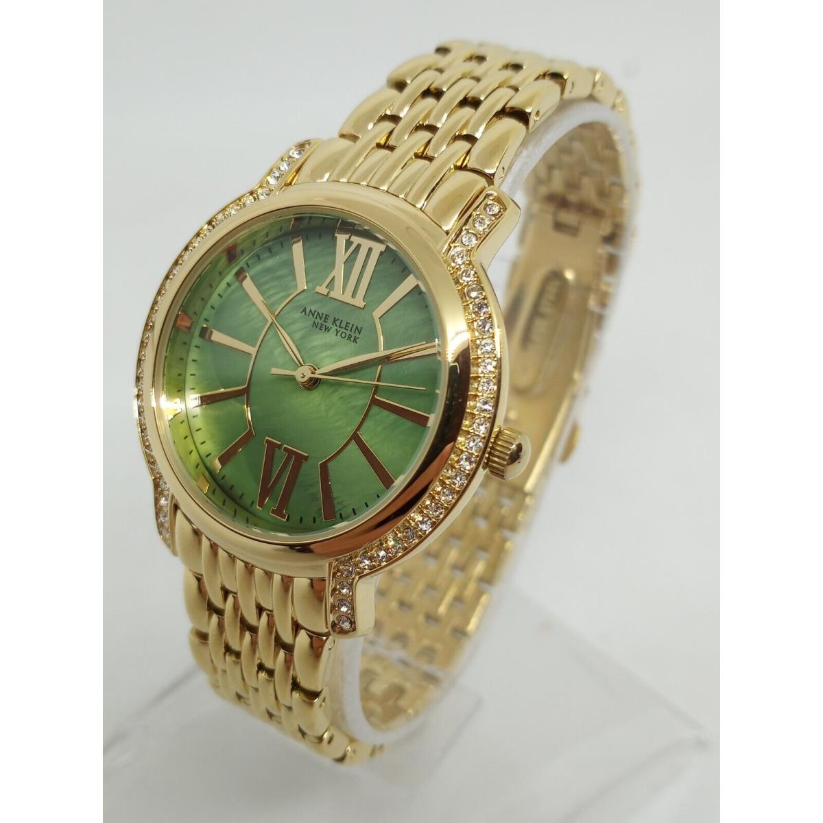 Anne Klein 12/2348GMGB Women`s 34mm Gold Tone Green Dial Crystal Accent Watch