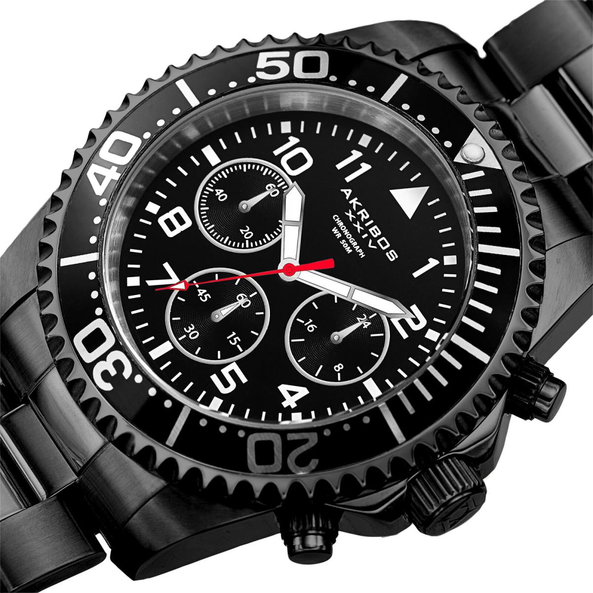 Men`s Akribos Xxiv AK950 Diver Chronograph Stainless Steel Bracelet Watch Jet Black