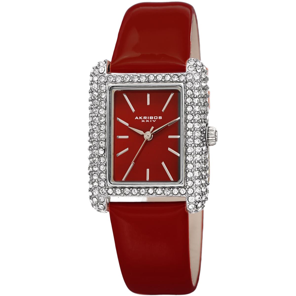 Women`s Akribos Xxiv AK1068 Swarovski Crystal Tank Patent Leather Strap Watch