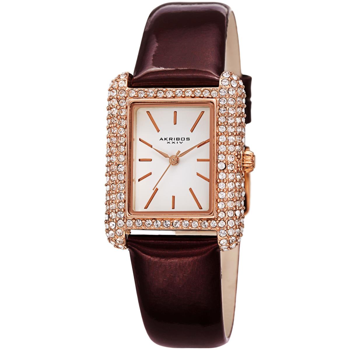 Women`s Akribos Xxiv AK1068 Swarovski Crystal Tank Patent Leather Strap Watch Chocolate Brown